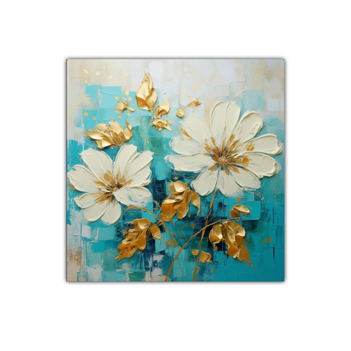 Cuadro floral con pinceladas doradas y fondo turquesa — imagen principal