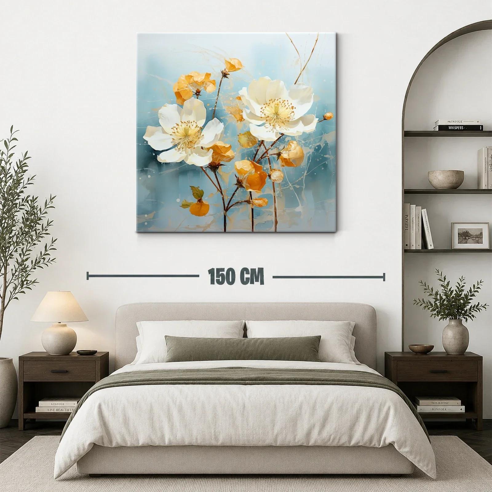 Cuadro con flores blancas y tonos cálidos sobre fondo azul — miniatura 3
