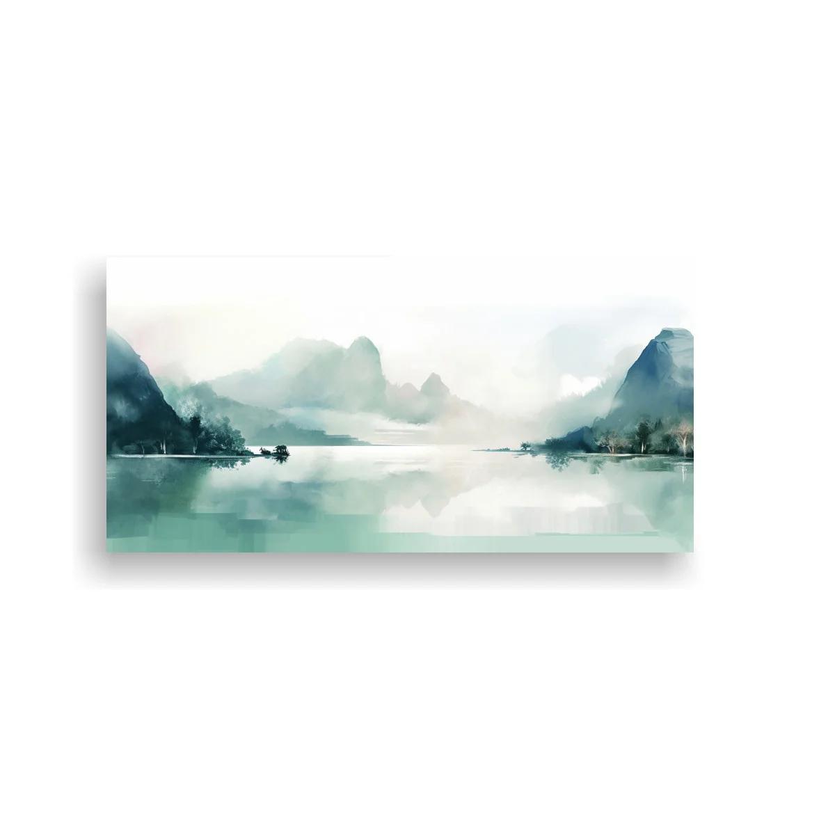 Cuadro paisaje de lago con colinas brumosas