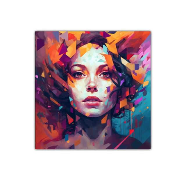 Retrato femenino contemporáneo en tonos vibrantes y geométricos