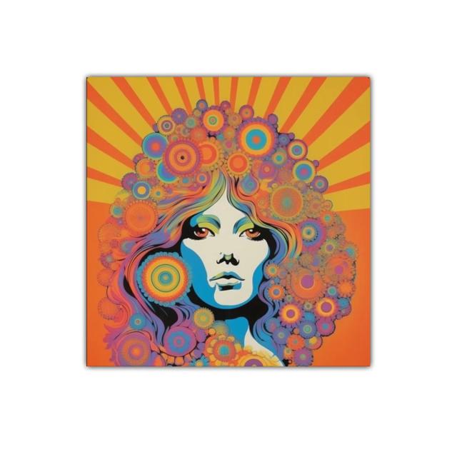 Retrato psicodélico con vibrantes colores y formas circulares