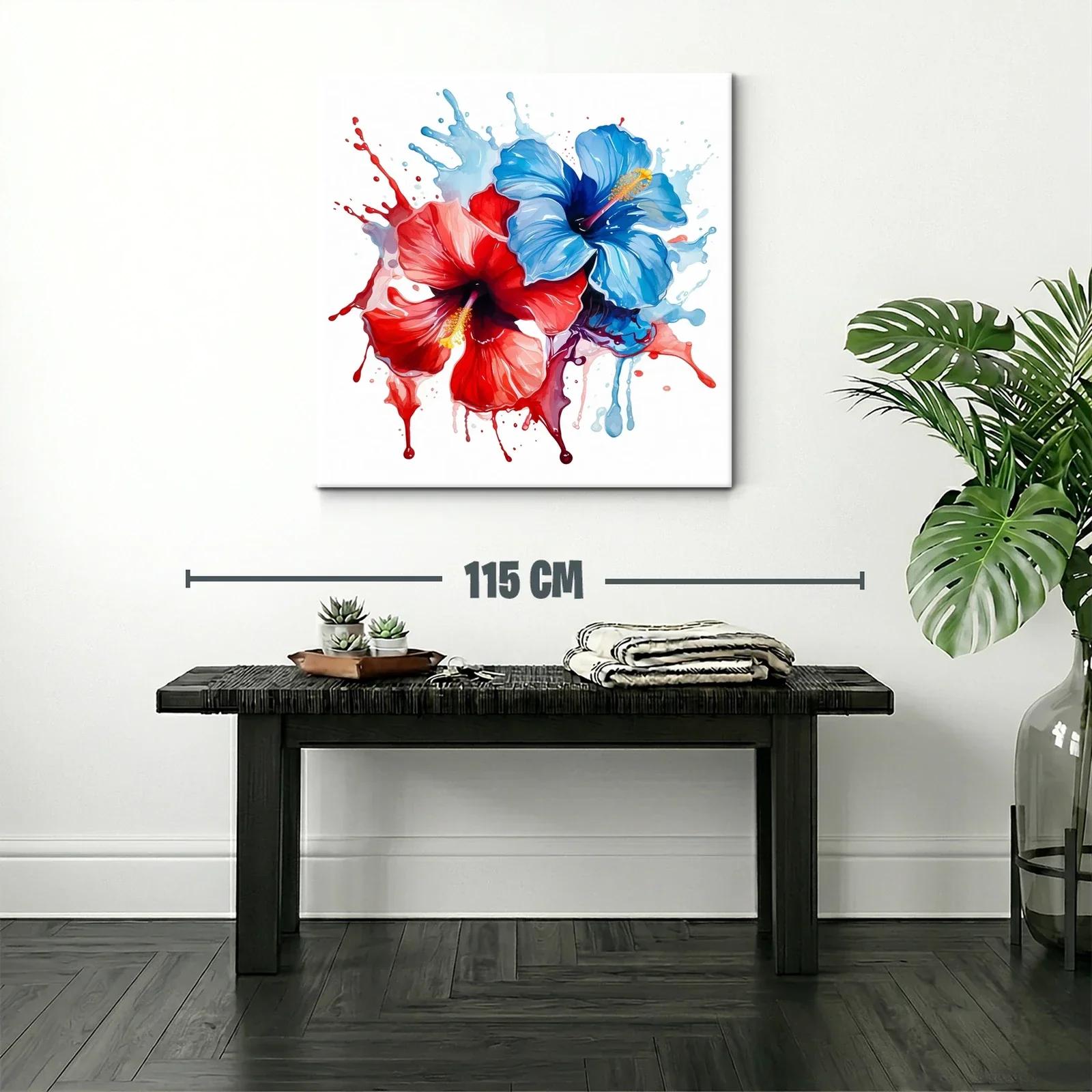 Cuadro moderno de flores hibisco en tonos rojo y azul — miniatura 2