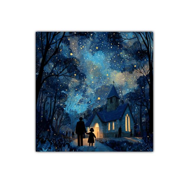 Nocturno encantador con iglesia iluminada bajo cielo estrellado