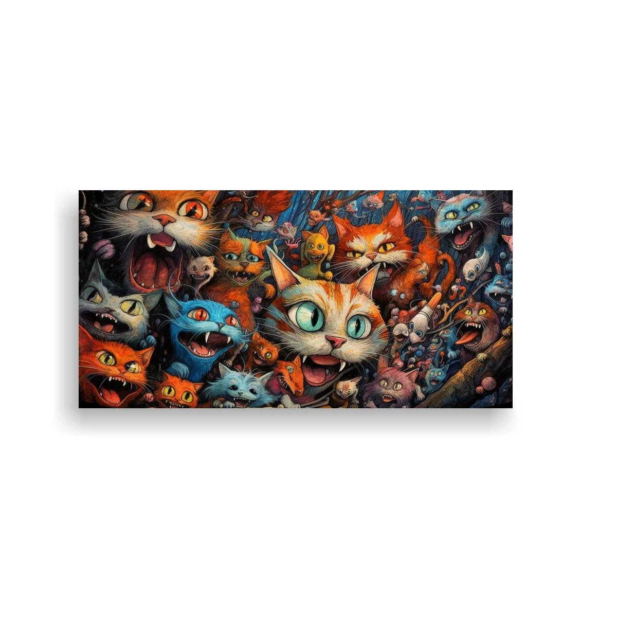 Cuadro gatos caricaturescos con colmillos y sonrisas amplias