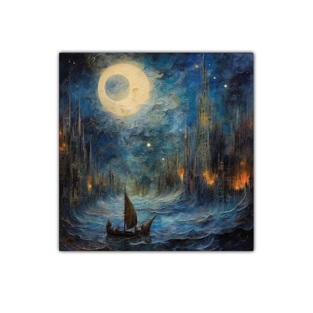 Navegando bajo la luna en ciudad de fantasía nocturna — imagen principal