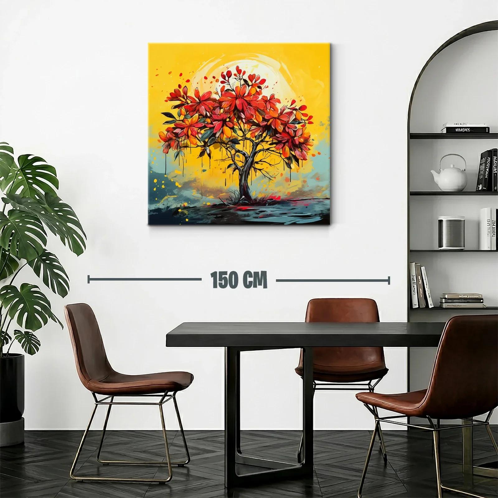Árbol vibrante con flores rojas sobre fondo amarillo cálido — miniatura 2