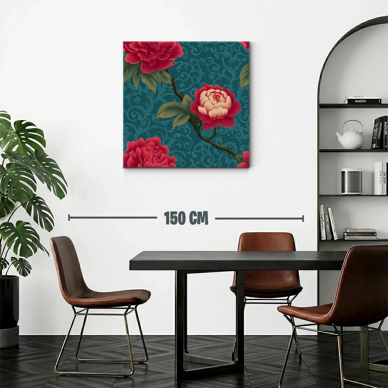 Cuadro floral con rosas rojas sobre fondo azul texturizado — miniatura 2