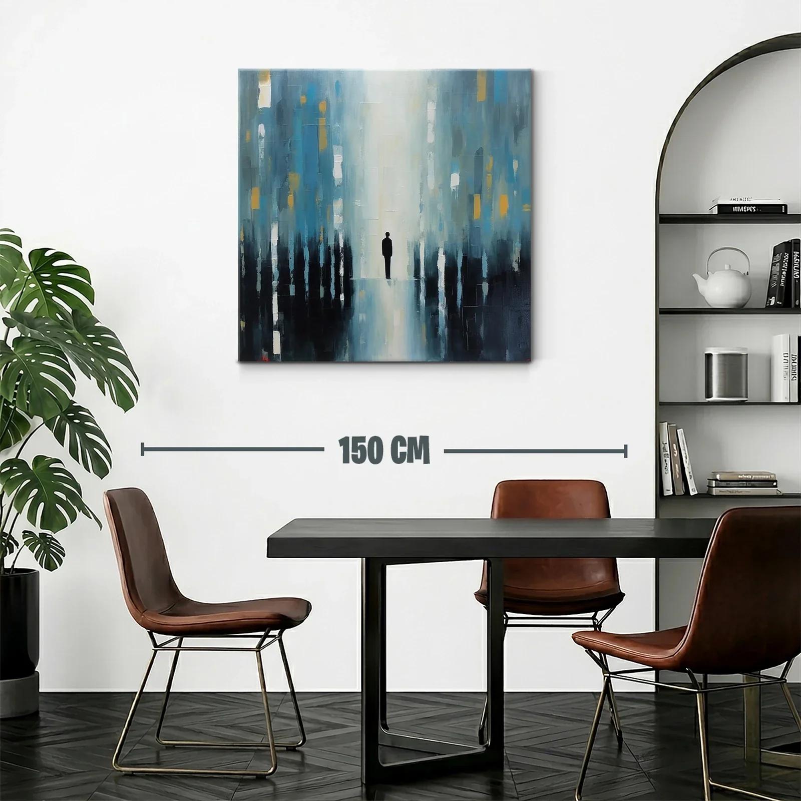 Cuadro abstracto figura solitaria en tonos azules y dorados — miniatura 2