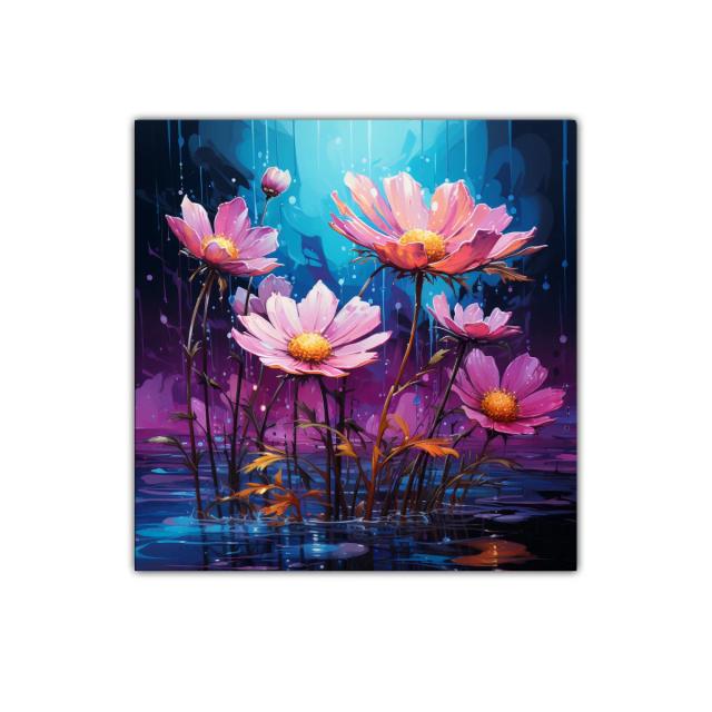 Flores rosadas sobre un fondo azul y púrpura vibrante