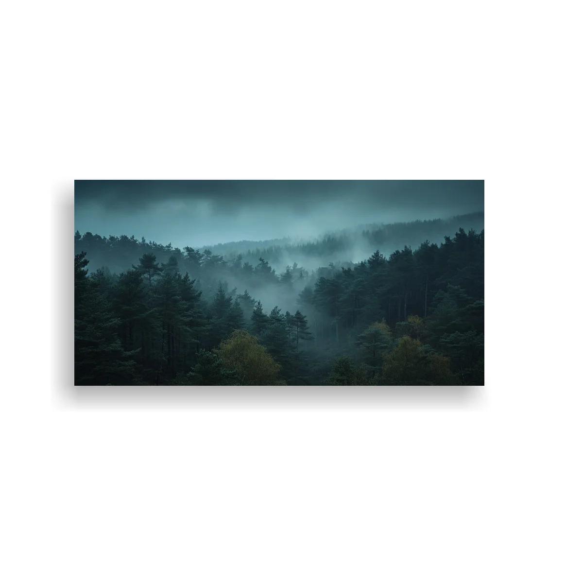 Cuadro bosque de coníferas con niebla y capas de árboles