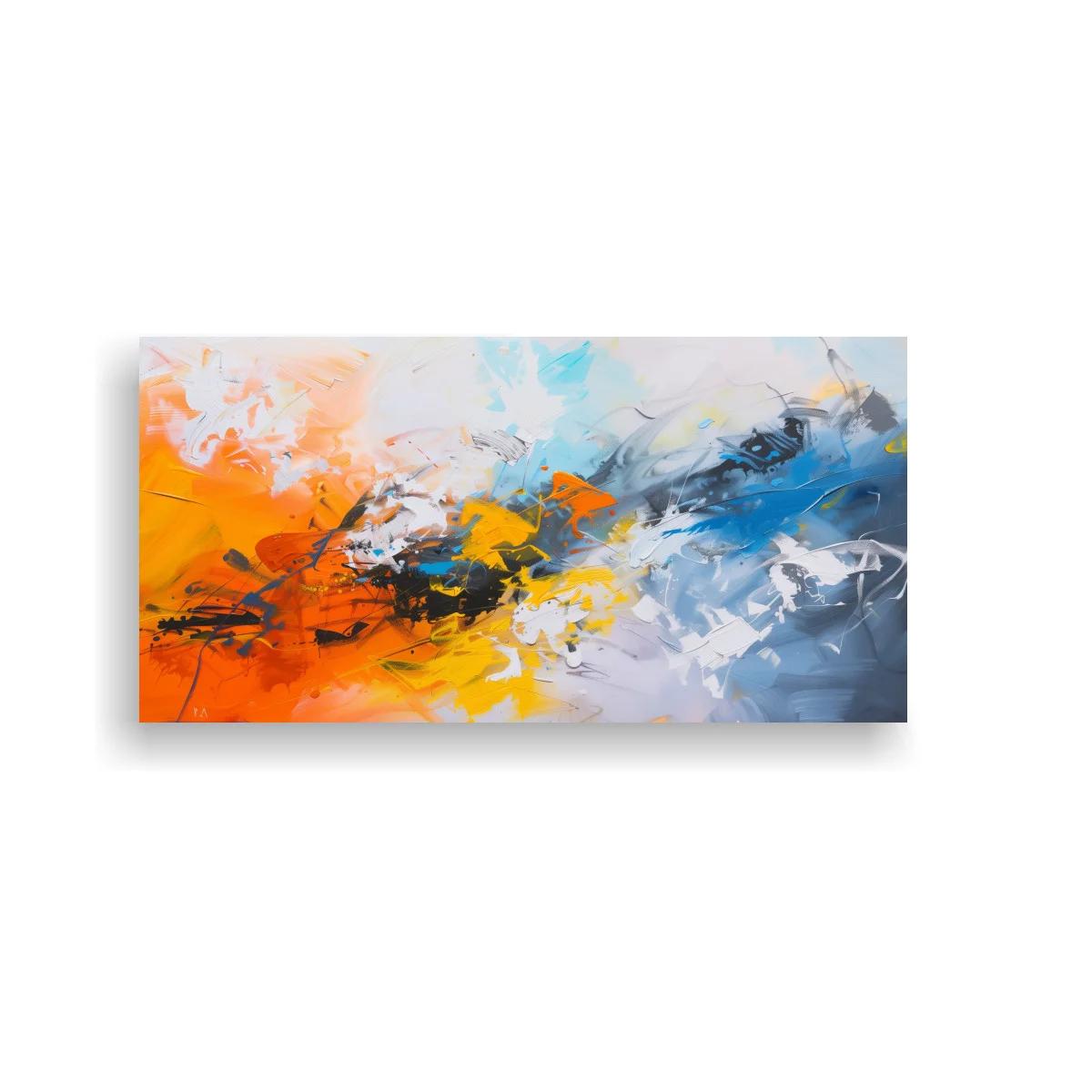 Cuadro abstracto en naranja y azul con trazos oscuros y blancos