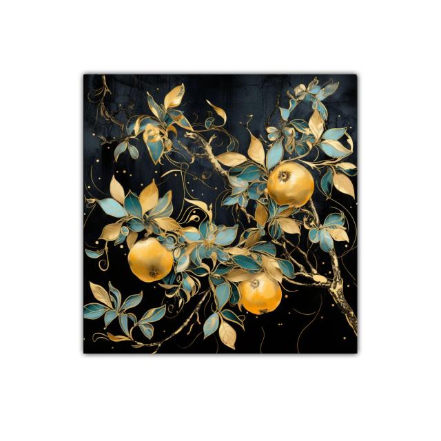 Cuadro decorativo con granadas y hojas doradas sobre fondo oscuro