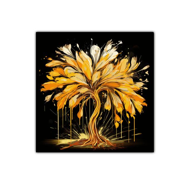 Árbol dorado con explosión de color sobre fondo oscuro