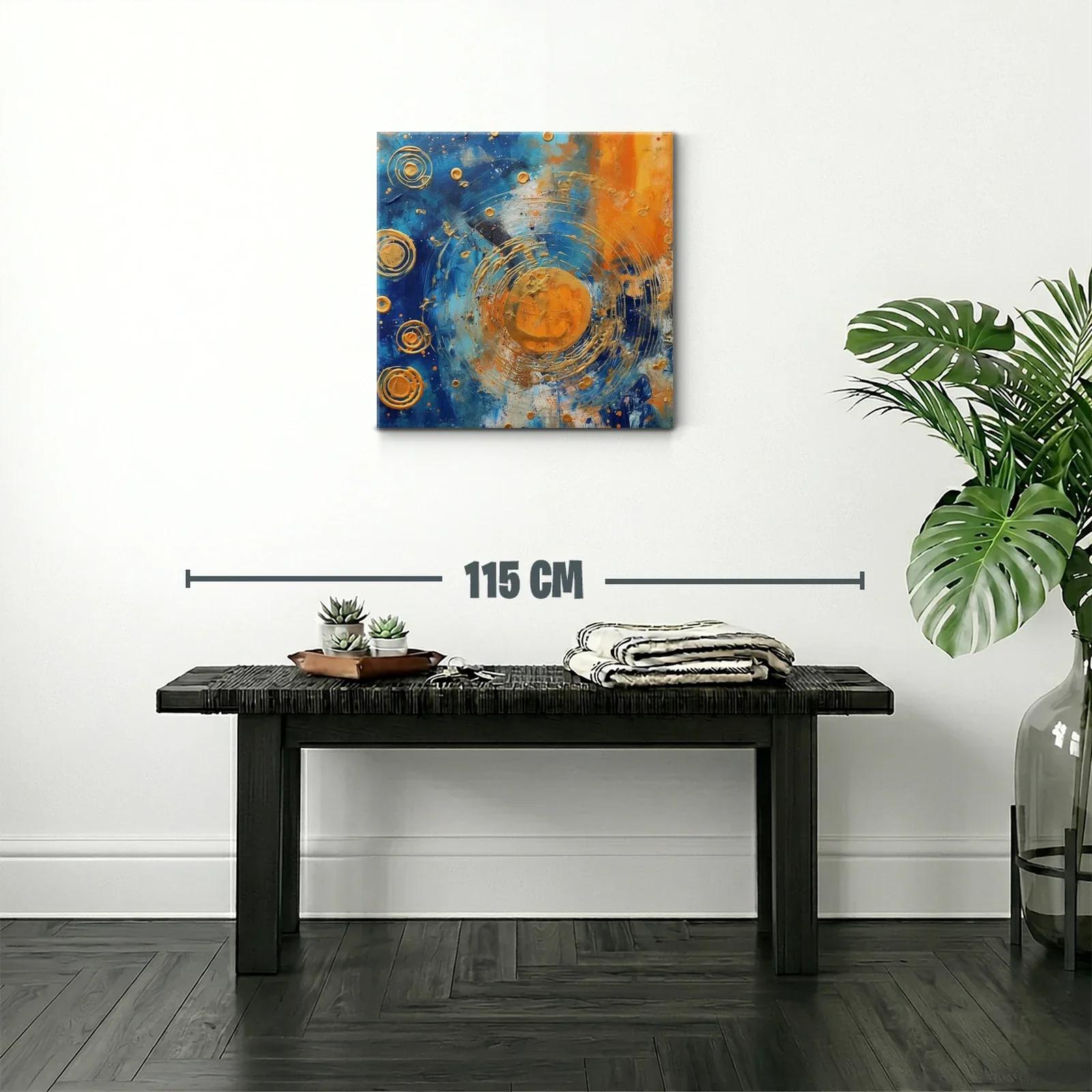 Cuadro abstracto con círculos dorados y contraste azul naranja — miniatura 2