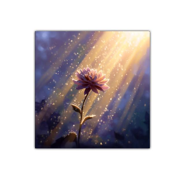 Flor iluminada por rayos dorados en fondo azul profundo