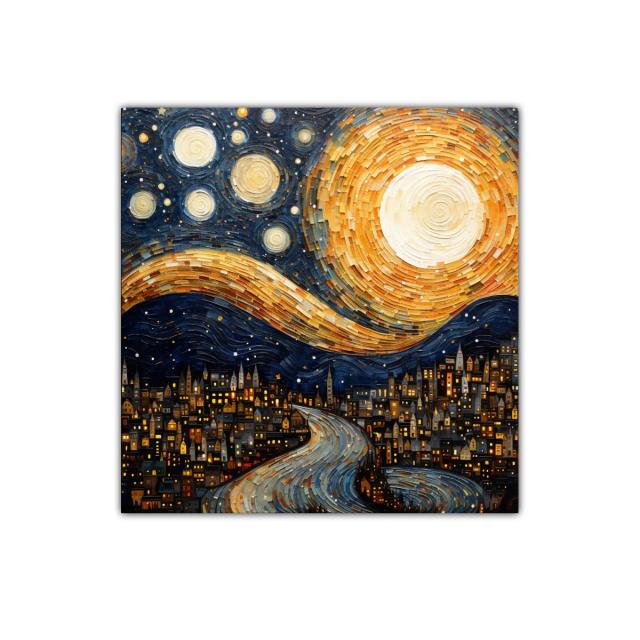 Paisaje nocturno con luna y estrellas sobre ciudad iluminada