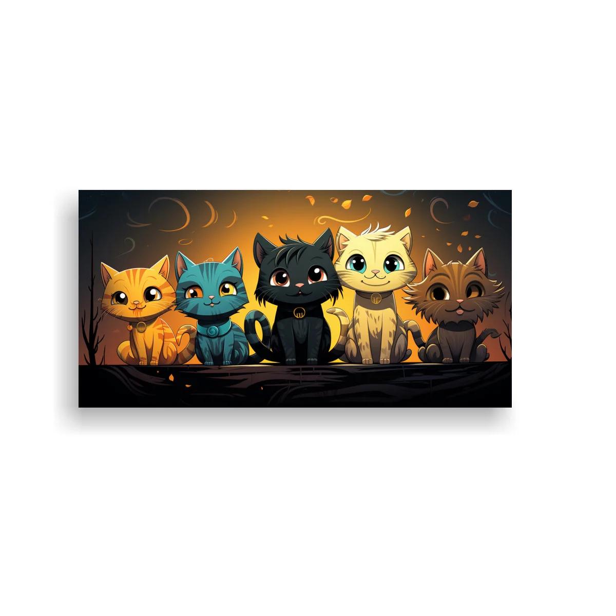 Cuadro cinco gatos sentados bajo luna creciente