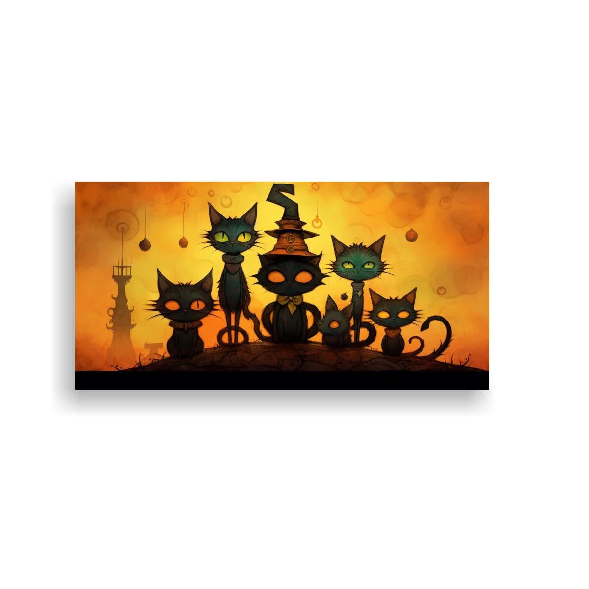 Cuadro gatos negros de Halloween con sombrero de bruja — imagen principal
