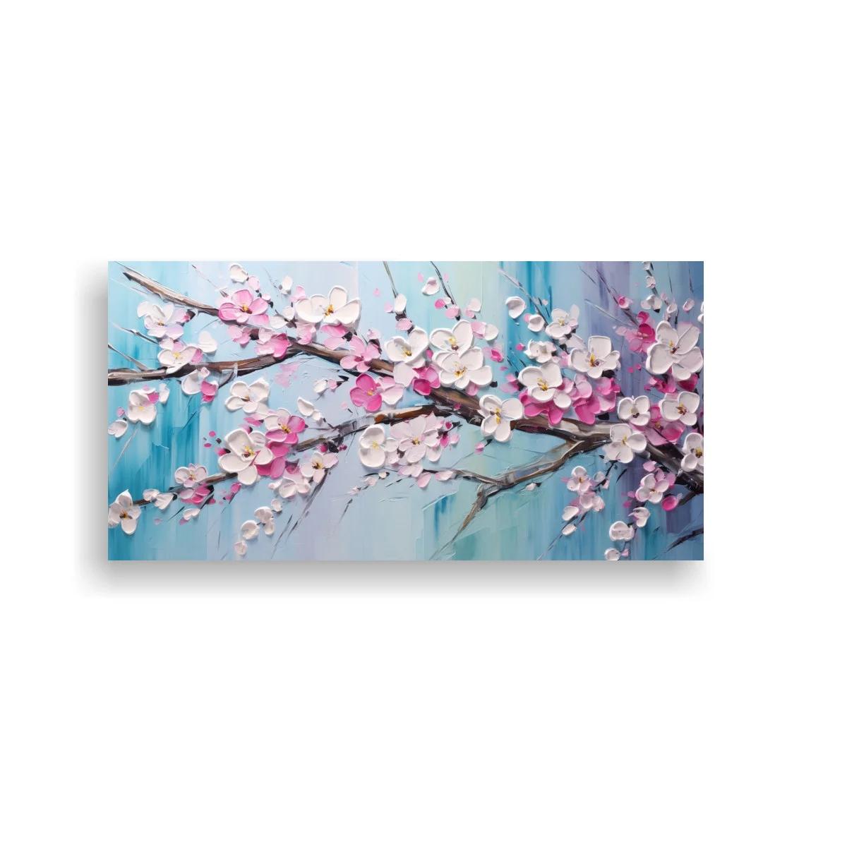 Cuadro flores de cerezo con fondo azul grisáceo