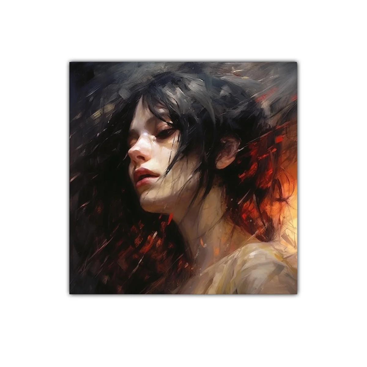 Retrato expresivo de mujer en tonos cálidos y oscuros