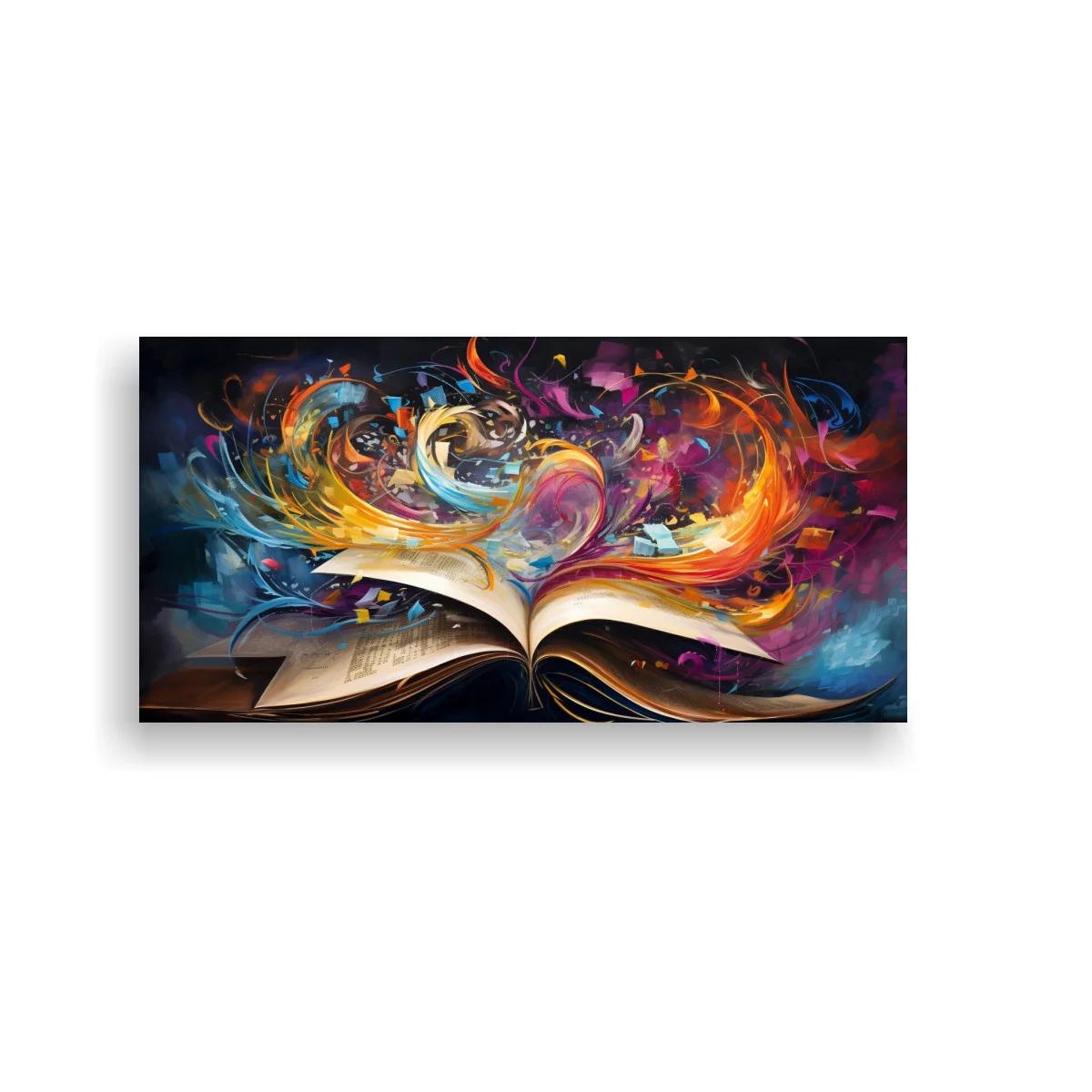 Cuadro libro abierto con remolino de color y hojas curvadas