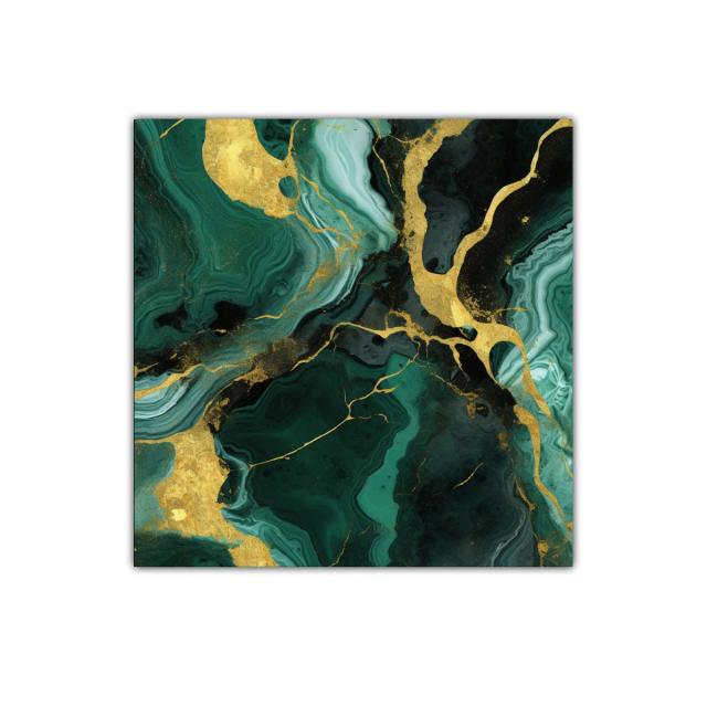 Cuadro abstracto con tonos verdes y detalles dorados brillantes