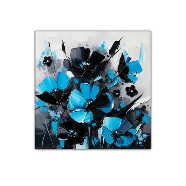 Cuadro floral moderno en tonos azul y negro vibrante