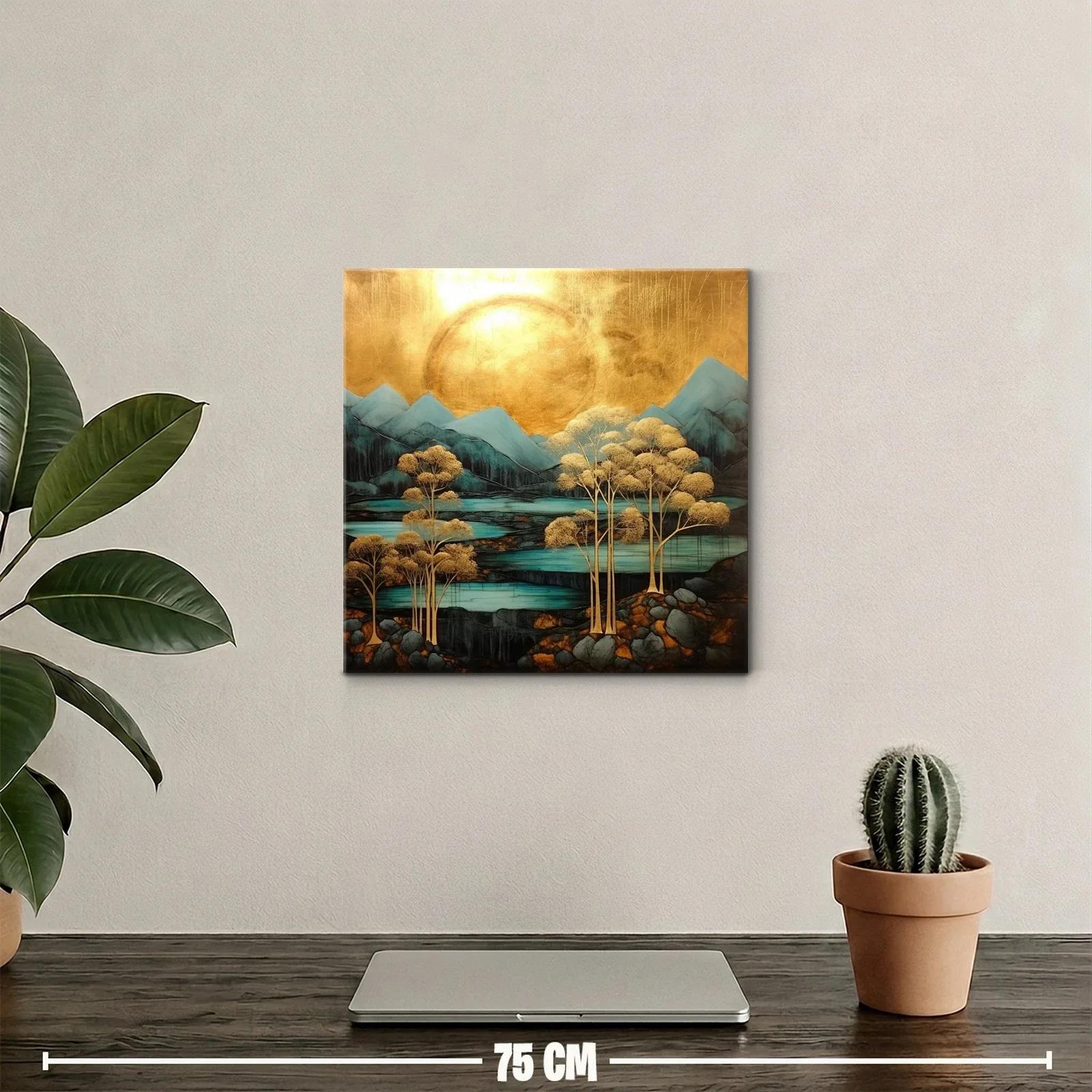 Paisaje estilizado con árboles dorados y montañas azules — miniatura 2