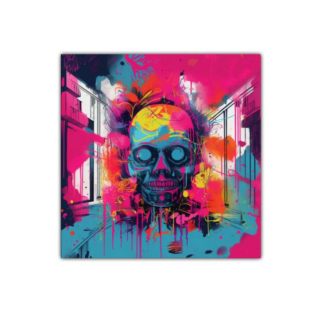 Calavera vibrante con explosión de color y forma urbana