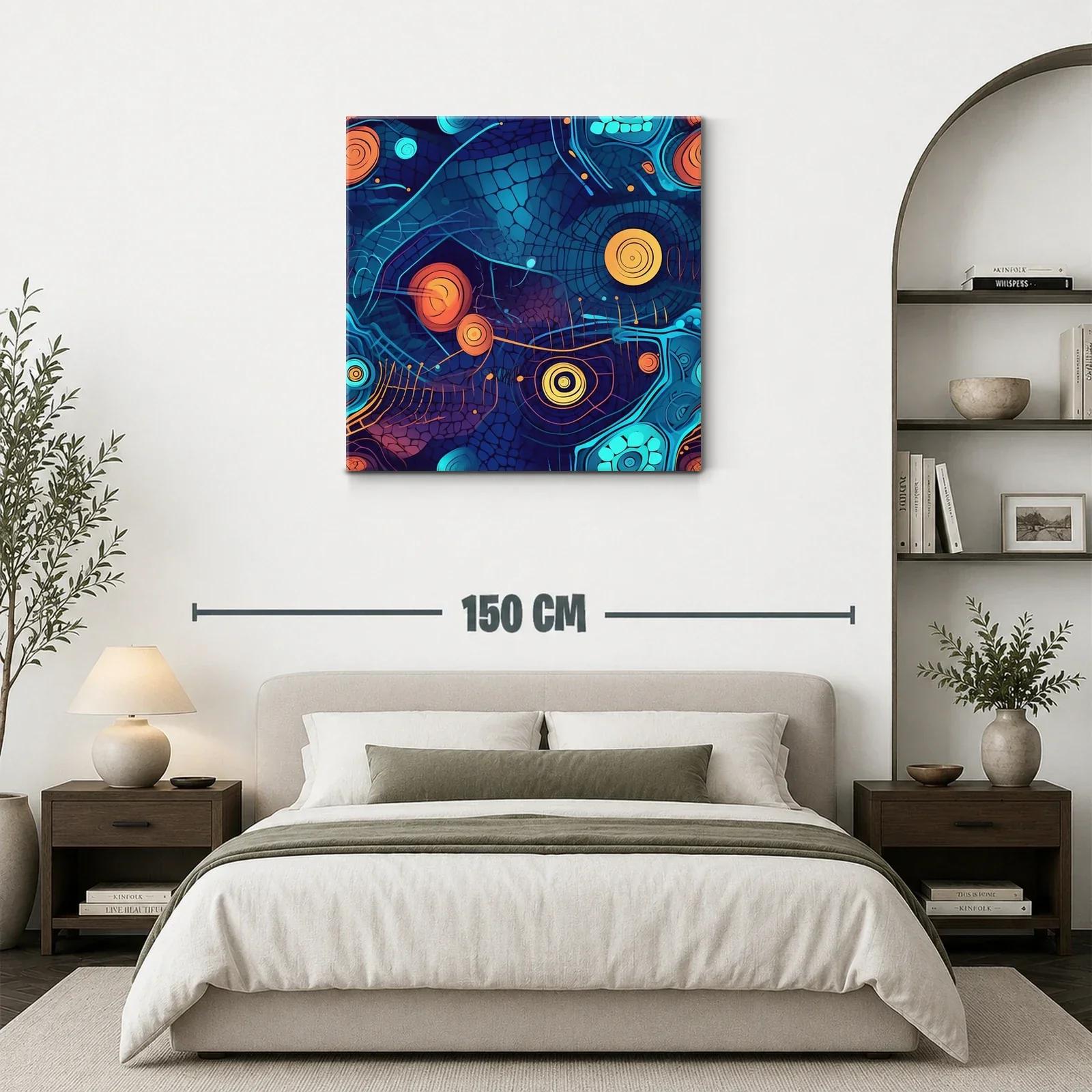 Cuadro abstracto con formas circulares en tonos azules y naranjas — miniatura 3