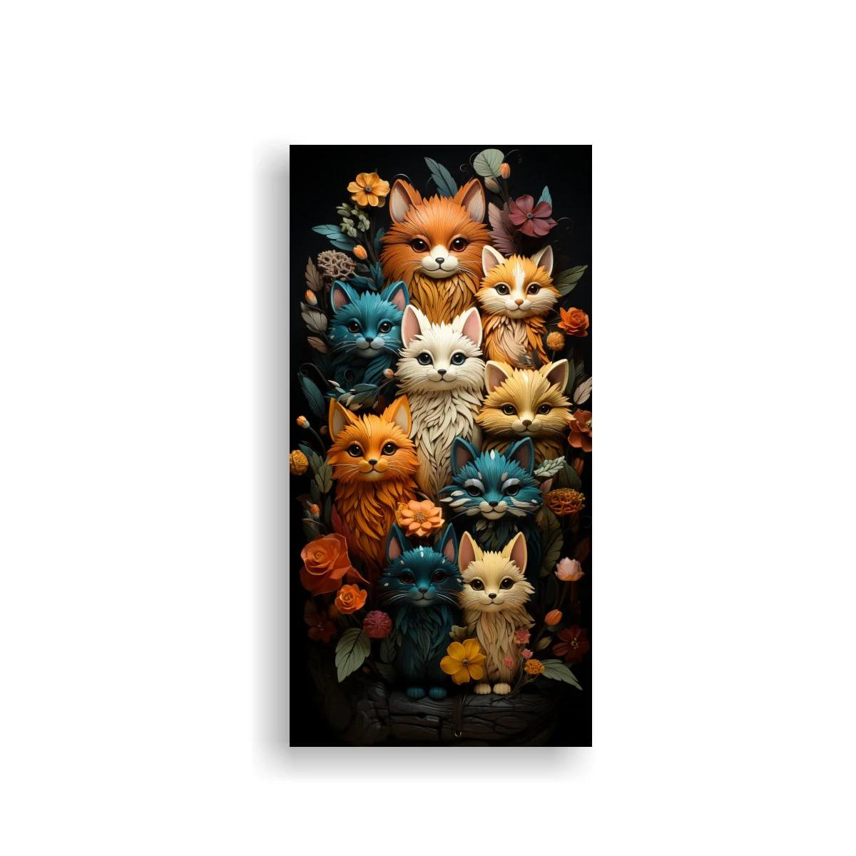 Cuadro grupo de gatos peludos con flores y hojas