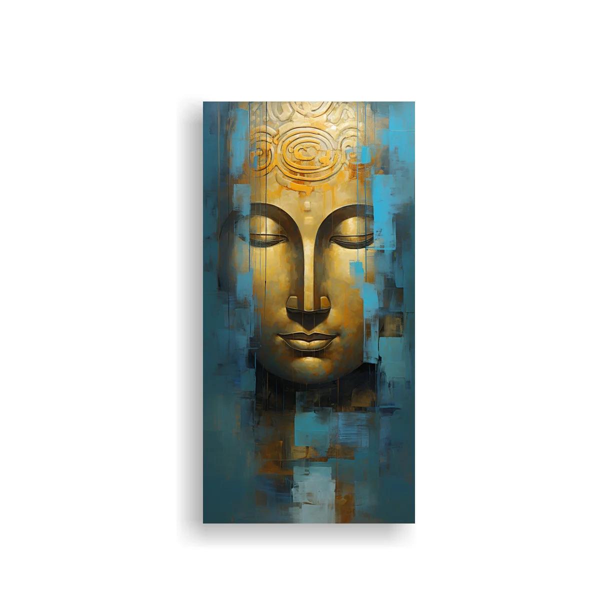 Cuadro rostro de Buda dorado con fondo turquesa y textura geométrica