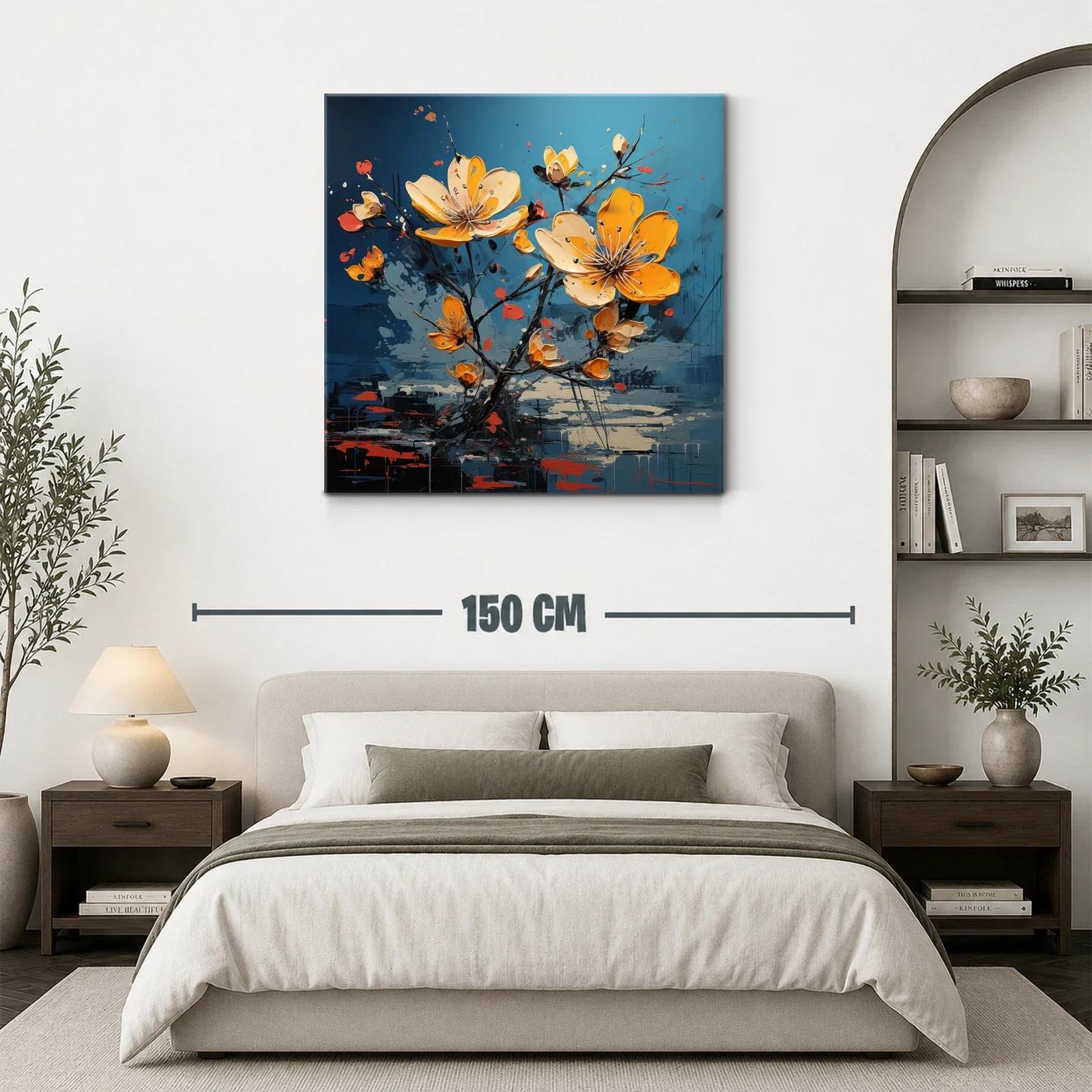 Cuadro floral en vibrantes tonos amarillos y fondo azul — miniatura 3