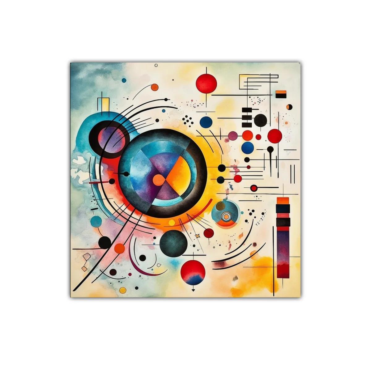 Cuadro abstracto con formas y colores vivos en composición dinámica