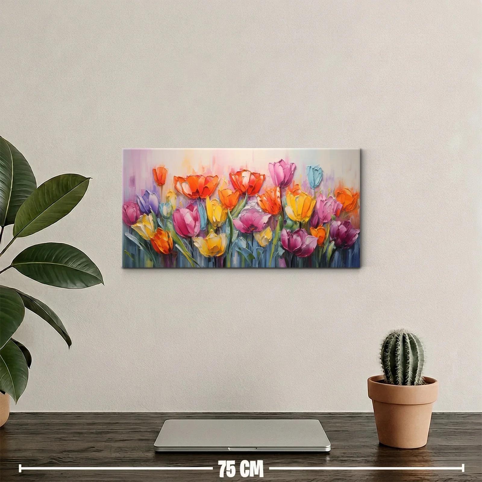 Cuadro de tulipanes con tallos ascendentes y copas multicolor — miniatura 2