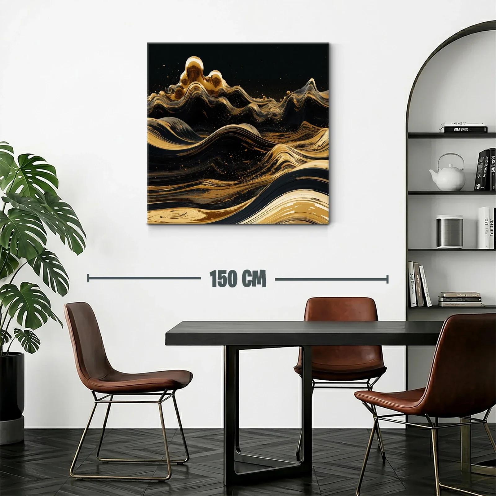 Cuadro abstracto con olas doradas sobre fondo negro — miniatura 2