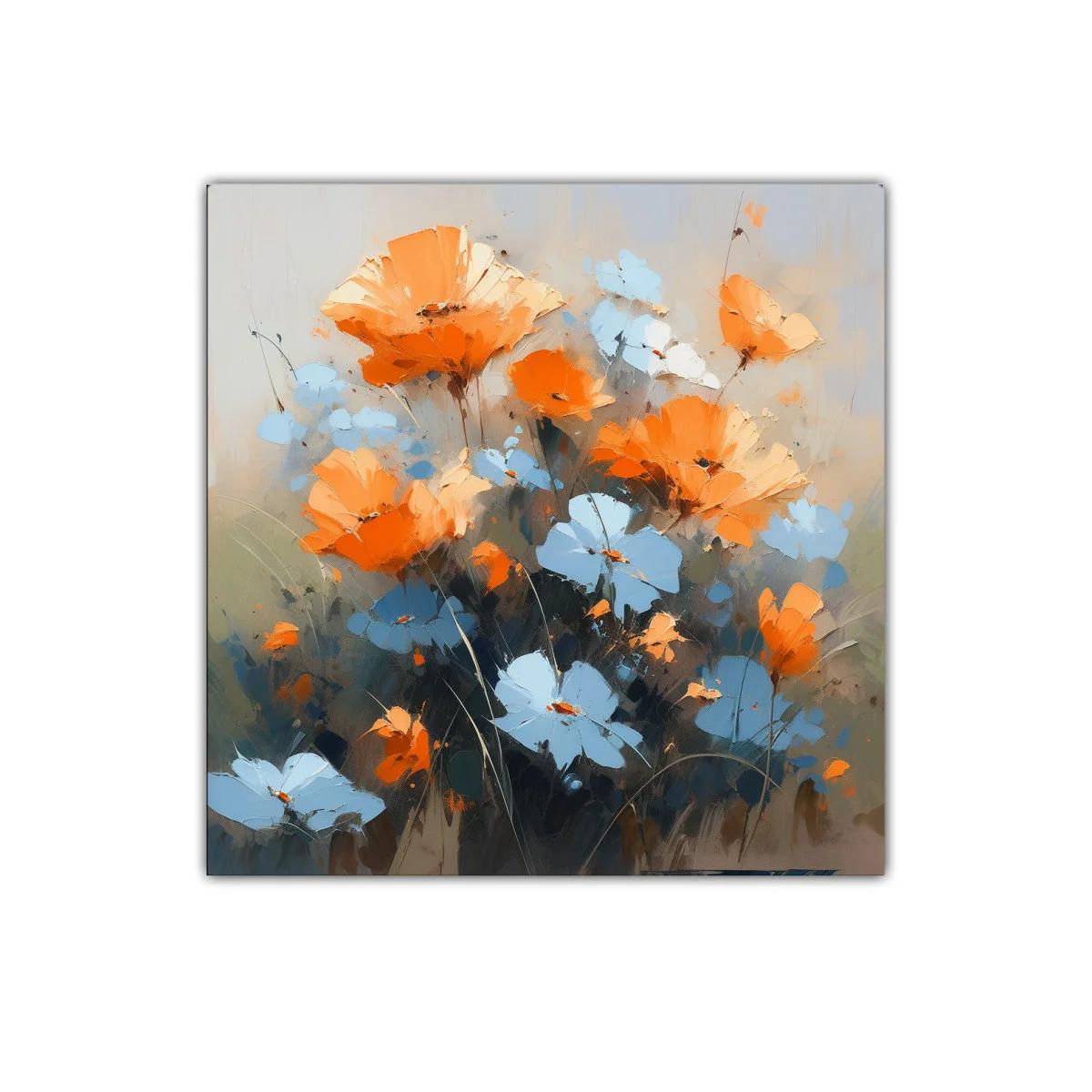 Cuadro moderno con flores naranjas y azules vibrantes — imagen principal