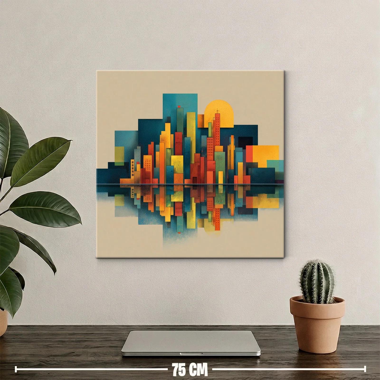 Cuadro de ciudad geométrica con reflejo al atardecer — miniatura 2