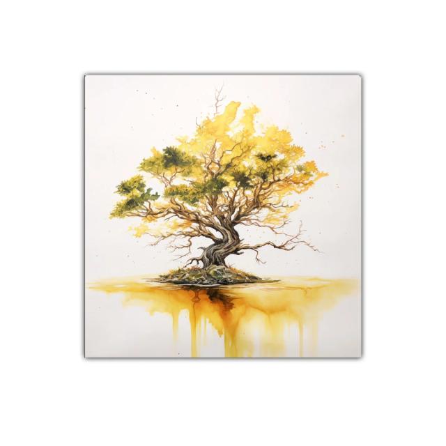Árbol dorado con reflejo en acuarela expresiva
