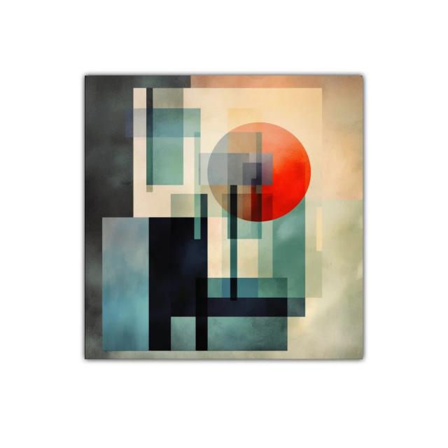 Composición geométrica con círculo rojo y planos translúcidos