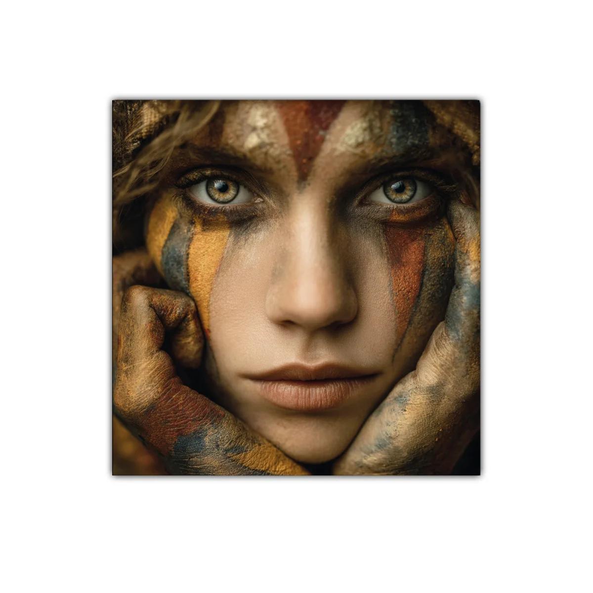 Retrato expresivo con rostro pintado en tonos cálidos — imagen principal