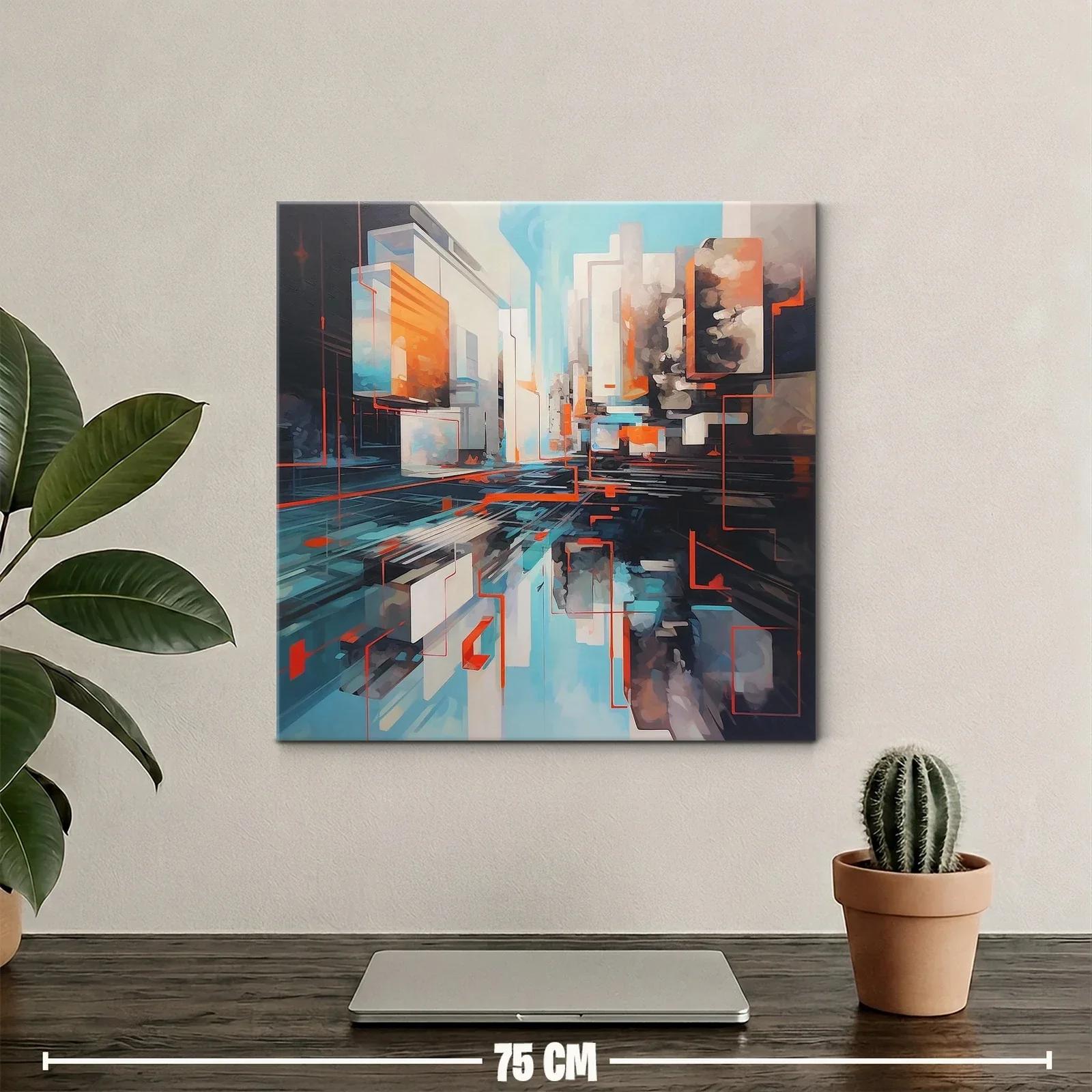 Cuadro abstracto urbano en tonos azules y naranjas vibrantes — miniatura 2