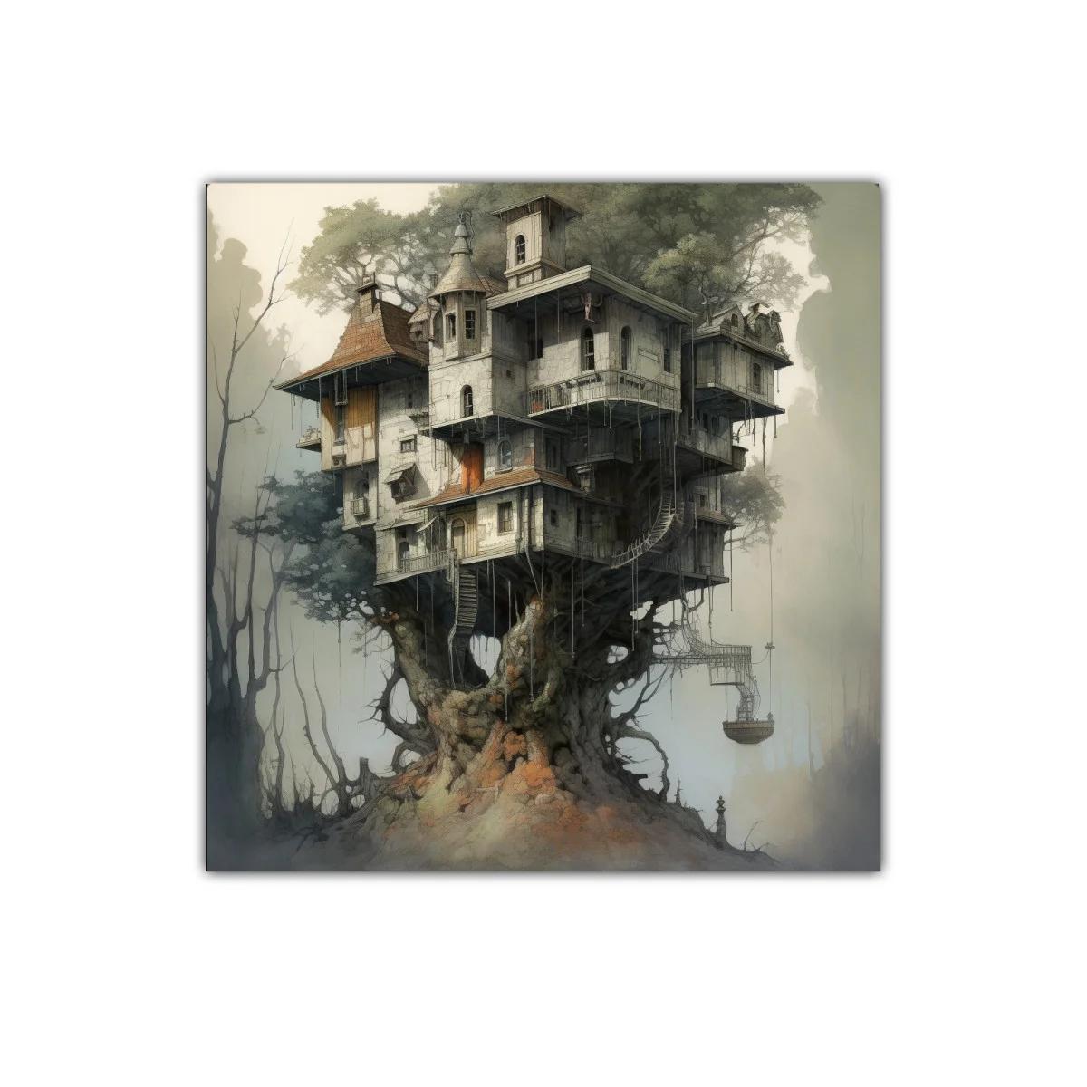 Casa de árbol fantástica en bosque nebuloso — imagen principal