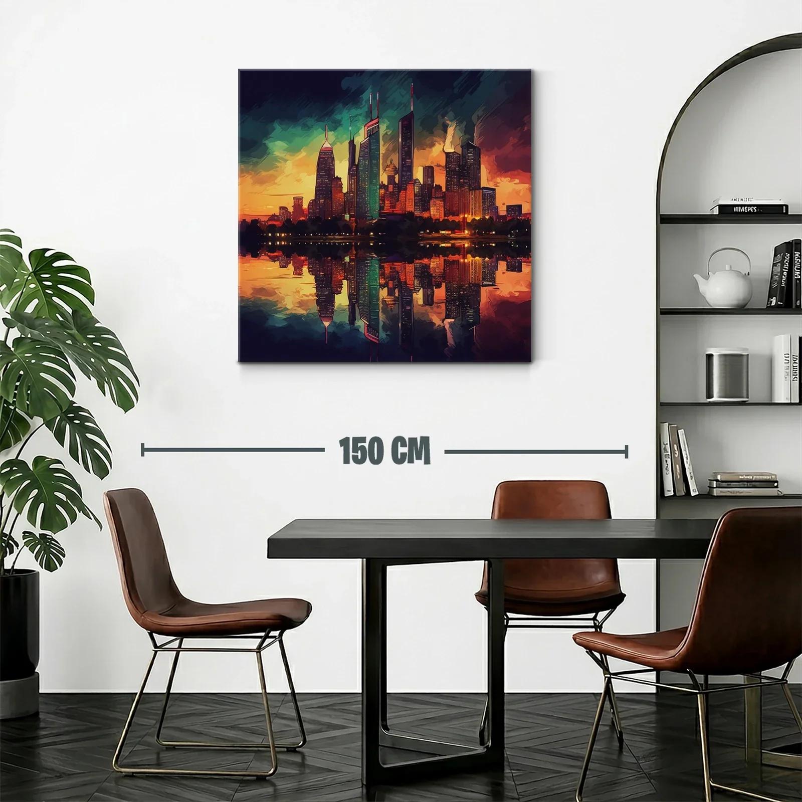 Atardecer vibrante sobre ciudad con reflejo en agua — miniatura 2