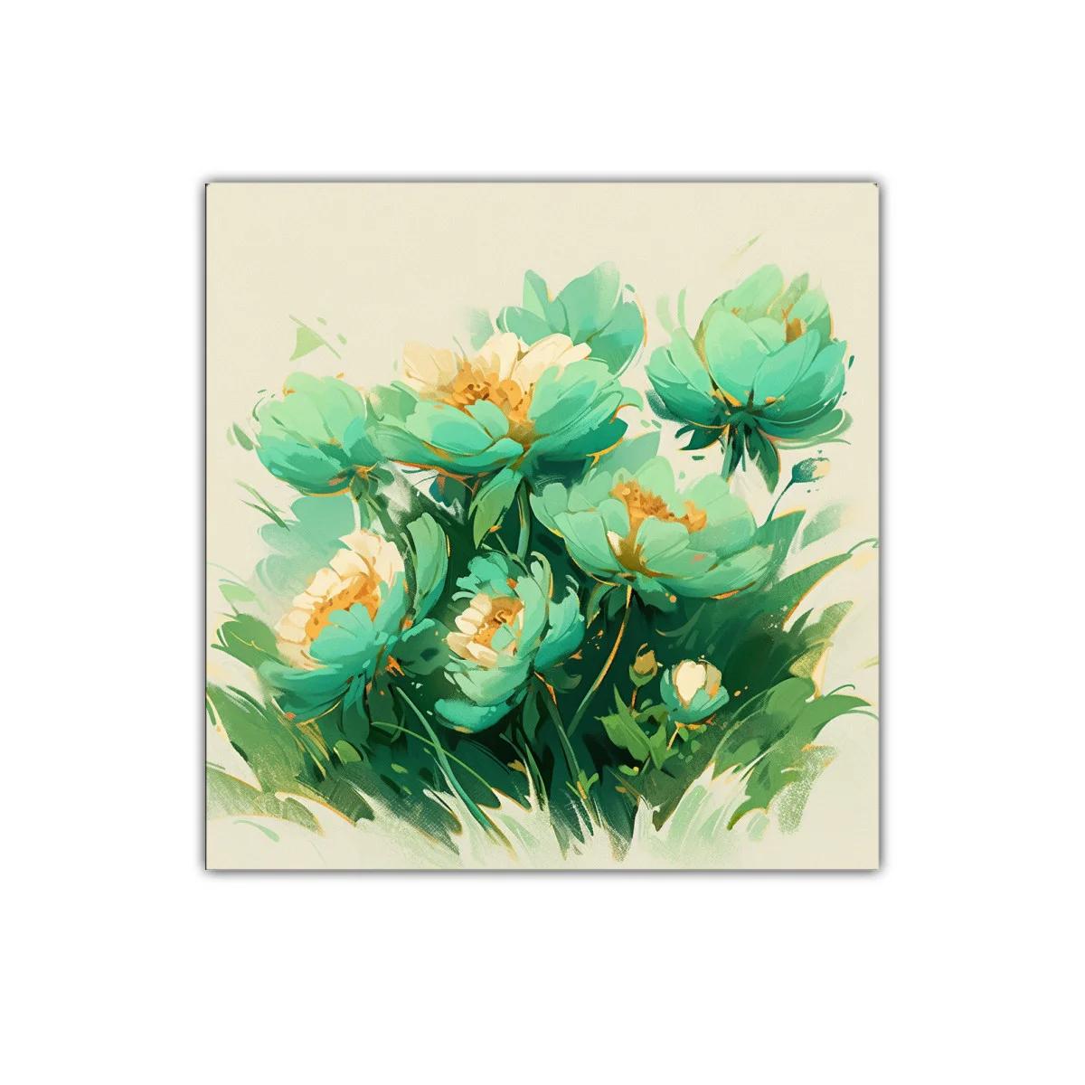 Cuadro floral con tonos verdes y detalles dorados