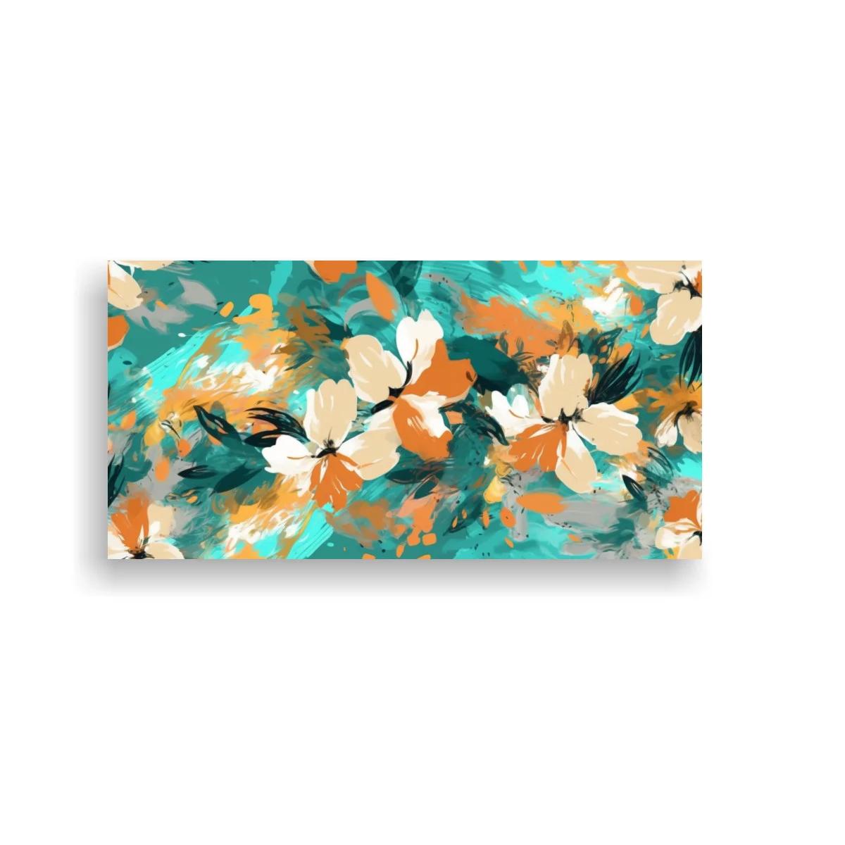 Cuadro de flores blancas y coral con pinceladas diagonales