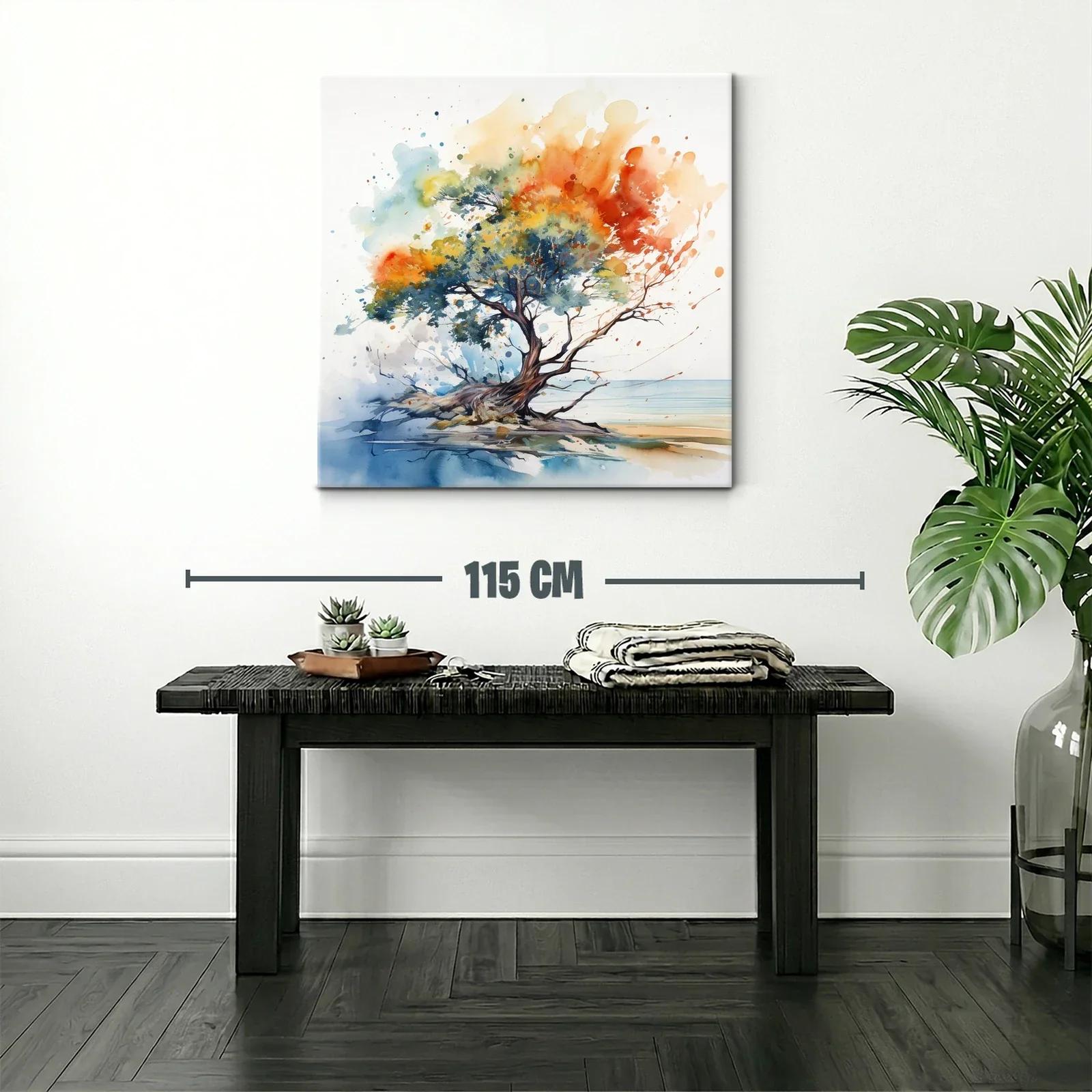 Árbol solitario con vibrantes tonos otoñales y azules suaves — miniatura 2