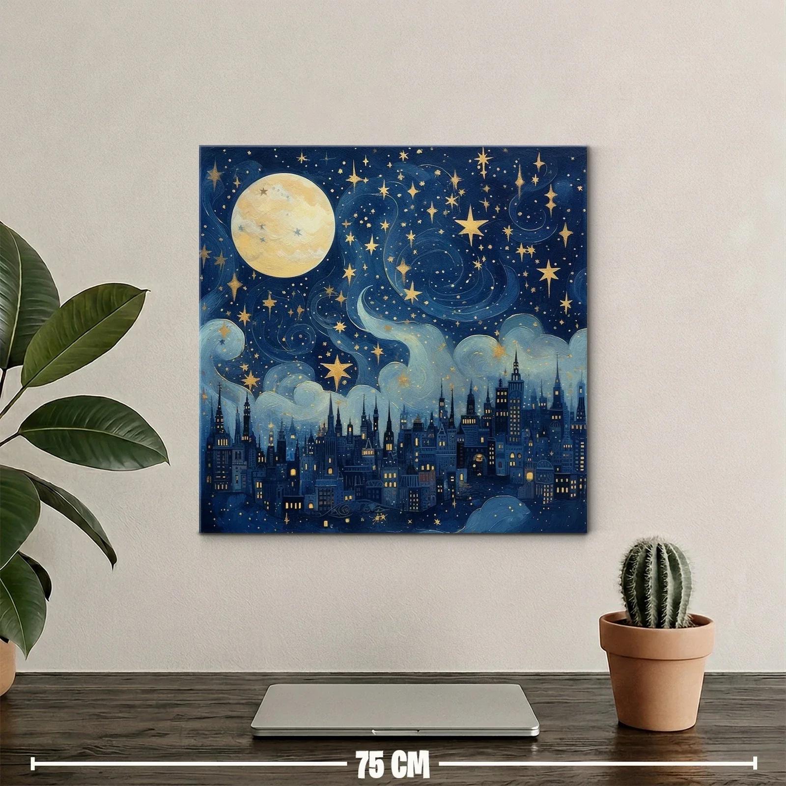 Ciudad nocturna bajo un cielo estrellado con luna llena — miniatura 2