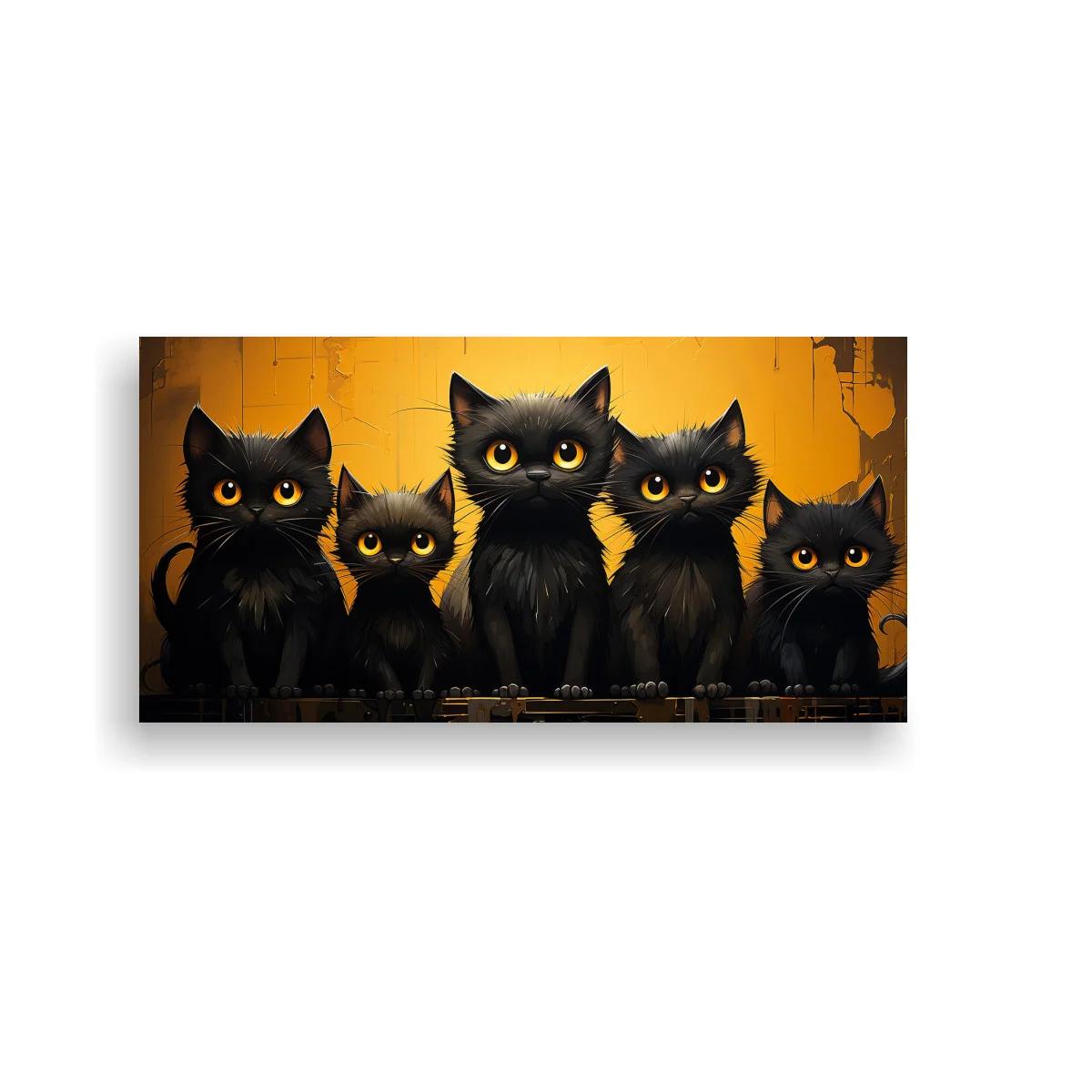 Cuadro cinco gatos negros de ojos dorados con bordes desgastados — imagen principal