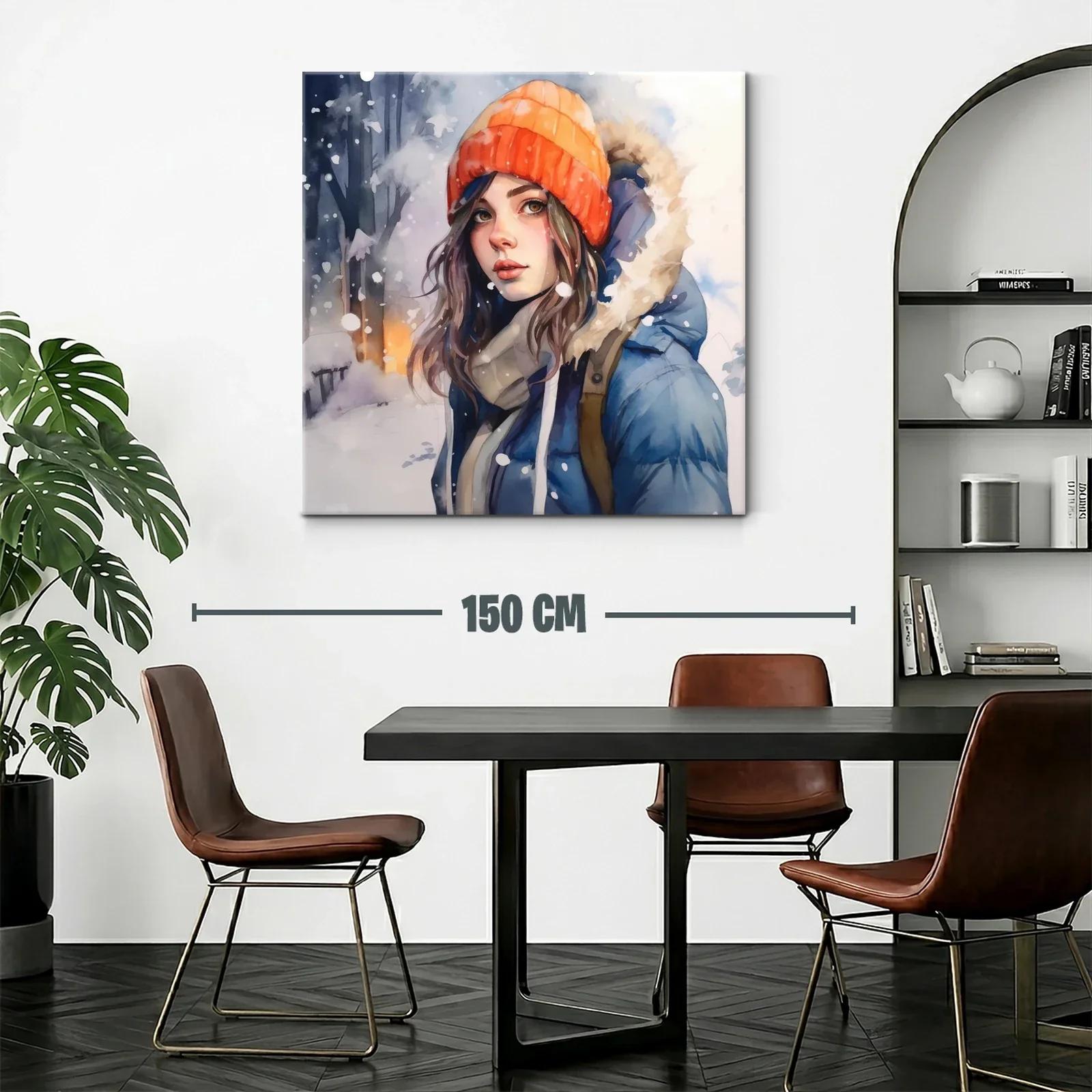 Retrato femenino invernal con gorro naranja y abrigo azul — miniatura 2